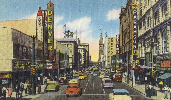 Downtown in the Mile High City, from a Tichnor Brothers postcard (c. 1930–45). Boston Public Library/Wikimedia Commons/CC BY 2.0
